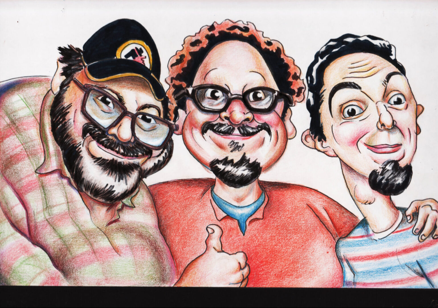 Illustrated group portrait of three men