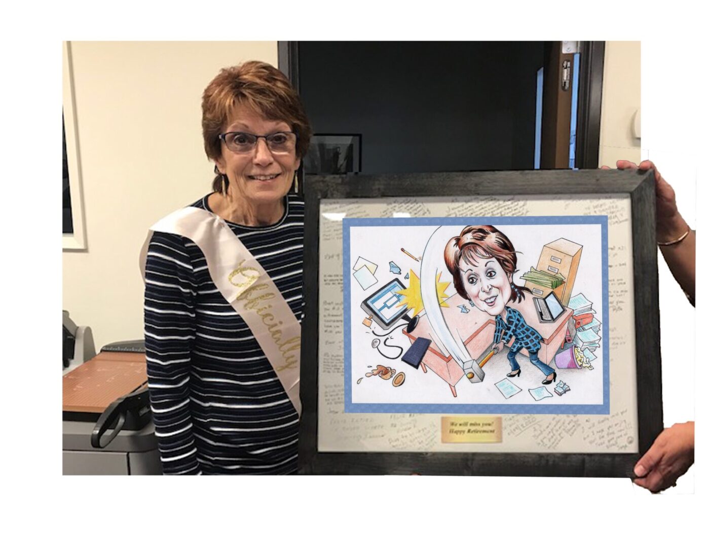 Person displaying humorous self-portrait drawing