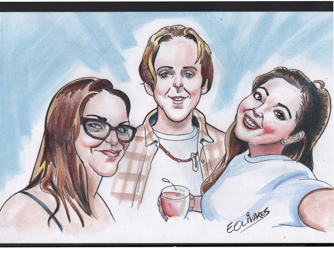 Cartoon friends with drinks smiling