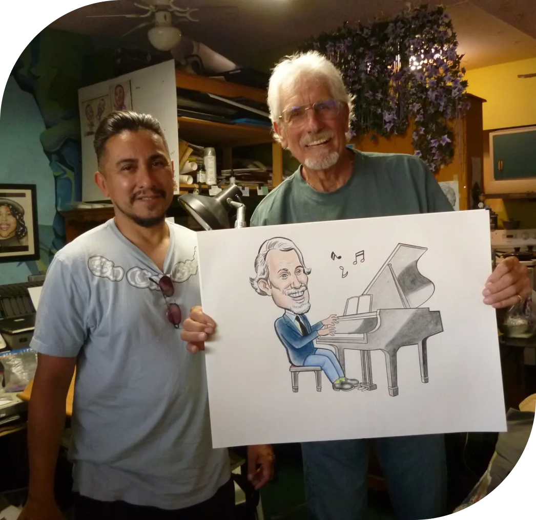 Artists showcasing piano-themed illustration